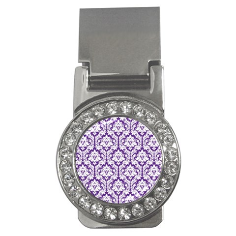 White on Purple Damask Money Clip (CZ) from ArtsNow.com Front