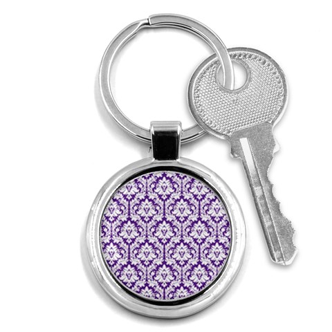 White on Purple Damask Key Chain (Round) from ArtsNow.com Front