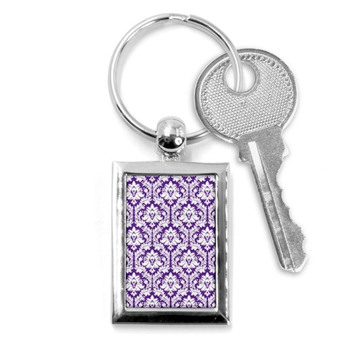 White on Purple Damask Key Chain (Rectangle) from ArtsNow.com Front