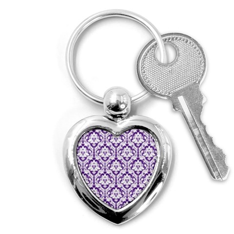 White on Purple Damask Key Chain (Heart) from ArtsNow.com Front