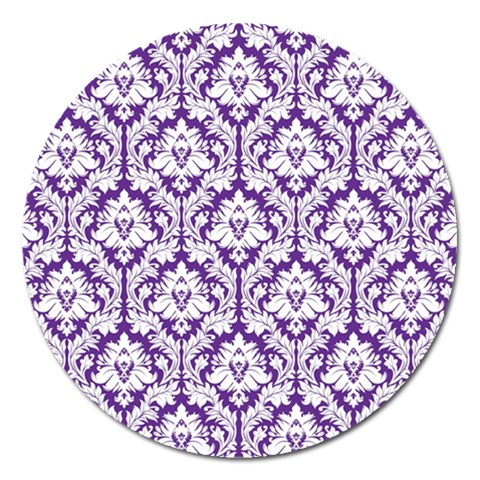 White on Purple Damask Magnet 5  (Round) from ArtsNow.com Front