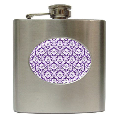 White on Purple Damask Hip Flask from ArtsNow.com Front