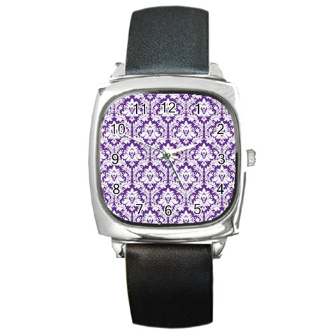 White on Purple Damask Square Leather Watch from ArtsNow.com Front