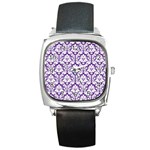 White on Purple Damask Square Leather Watch