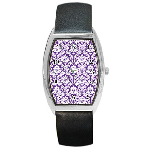 White on Purple Damask Tonneau Leather Watch from ArtsNow.com Front