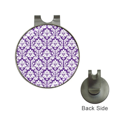 White on Purple Damask Hat Clip with Golf Ball Marker from ArtsNow.com Front