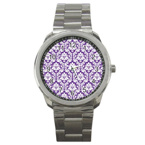 White on Purple Damask Sport Metal Watch from ArtsNow.com Front