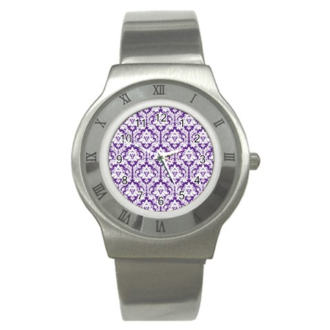 White on Purple Damask Stainless Steel Watch (Slim) from ArtsNow.com Front