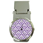 White on Purple Damask Money Clip with Watch