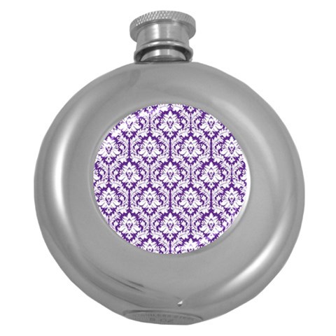 White on Purple Damask Hip Flask (Round) from ArtsNow.com Front