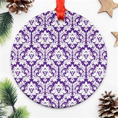 White on Purple Damask Round Ornament (Two Sides) from ArtsNow.com Front