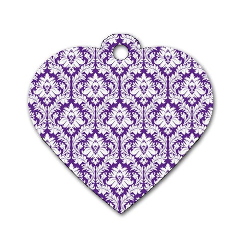 White on Purple Damask Dog Tag Heart (One Sided)  from ArtsNow.com Front