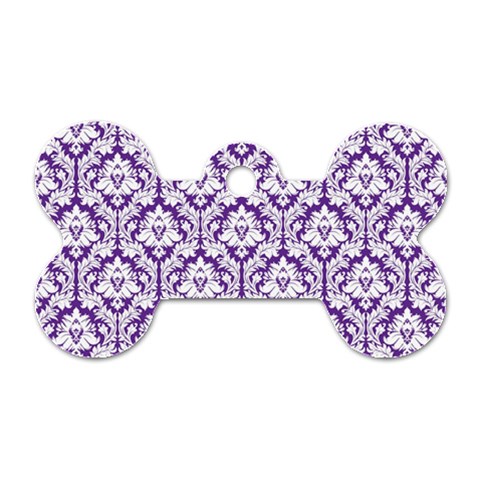 White on Purple Damask Dog Tag Bone (One Sided) from ArtsNow.com Front