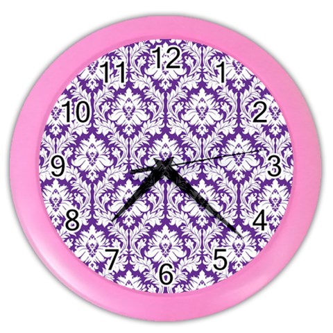 White on Purple Damask Wall Clock (Color) from ArtsNow.com Front