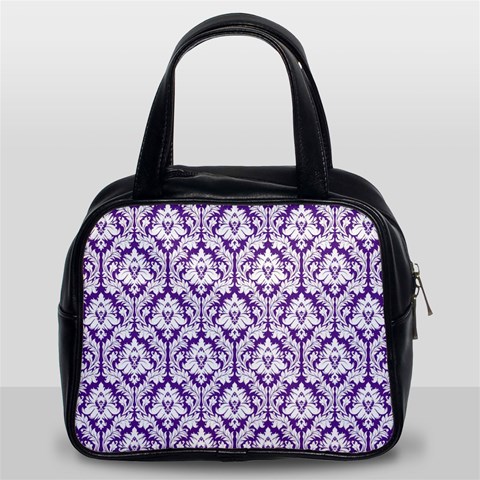 White on Purple Damask Classic Handbag (Two Sides) from ArtsNow.com Front