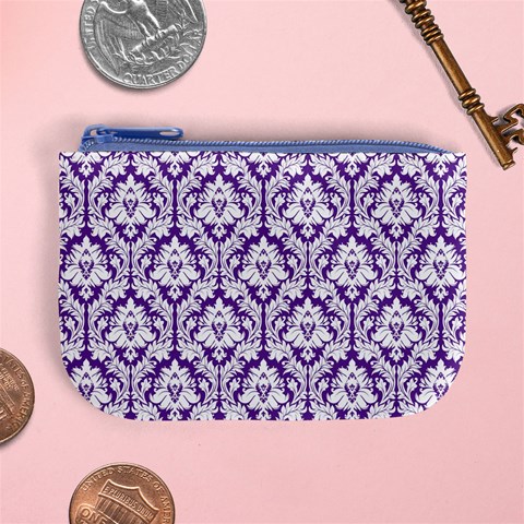 Royal Purple Damask Pattern Mini Coin Purse from ArtsNow.com Front