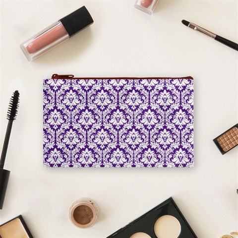 White on Purple Damask Cosmetic Bag (Small) from ArtsNow.com Front