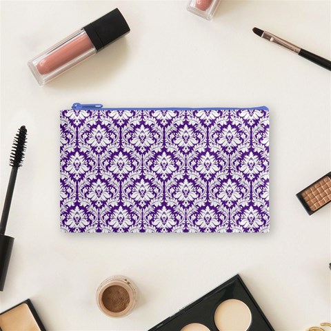 White on Purple Damask Cosmetic Bag (Small) from ArtsNow.com Front