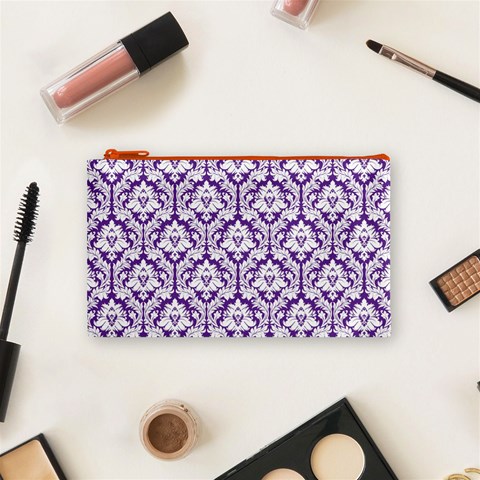 White on Purple Damask Cosmetic Bag (Small) from ArtsNow.com Front