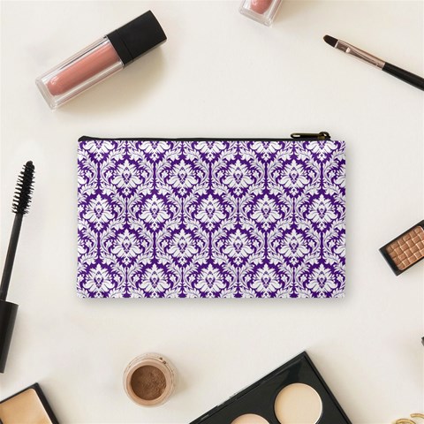 White on Purple Damask Cosmetic Bag (Small) from ArtsNow.com Back