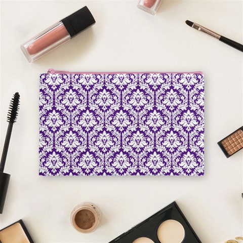 White on Purple Damask Cosmetic Bag (Medium) from ArtsNow.com Front