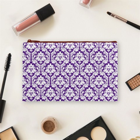 White on Purple Damask Cosmetic Bag (Medium) from ArtsNow.com Front