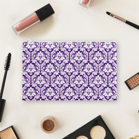 White on Purple Damask Cosmetic Bag (Medium) from ArtsNow.com Front