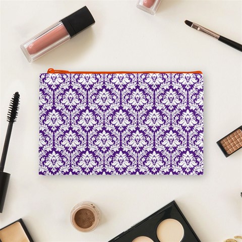 White on Purple Damask Cosmetic Bag (Medium) from ArtsNow.com Front