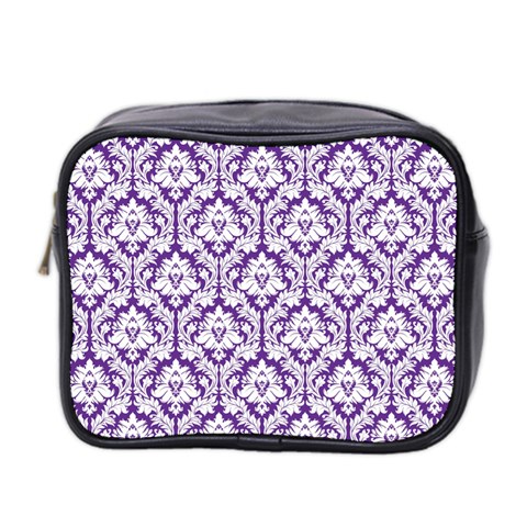 White on Purple Damask Mini Travel Toiletry Bag (Two Sides) from ArtsNow.com Front