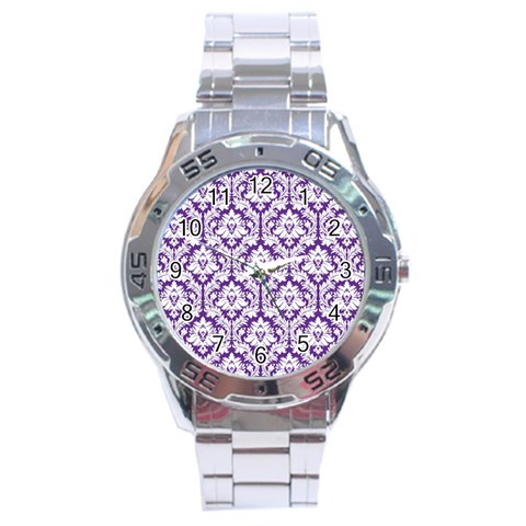 White on Purple Damask Stainless Steel Watch from ArtsNow.com Front