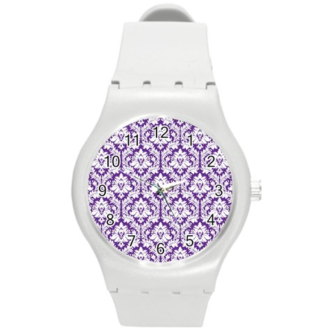 White on Purple Damask Plastic Sport Watch (Medium) from ArtsNow.com Front