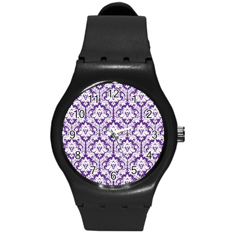 White on Purple Damask Plastic Sport Watch (Medium) from ArtsNow.com Front