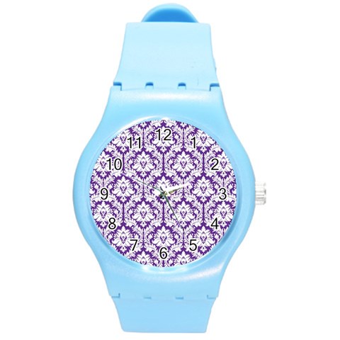 White on Purple Damask Plastic Sport Watch (Medium) from ArtsNow.com Front