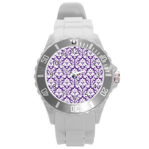 White on Purple Damask Plastic Sport Watch (Large) from ArtsNow.com Front