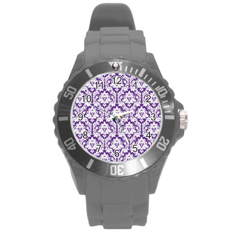 White on Purple Damask Plastic Sport Watch (Large) from ArtsNow.com Front