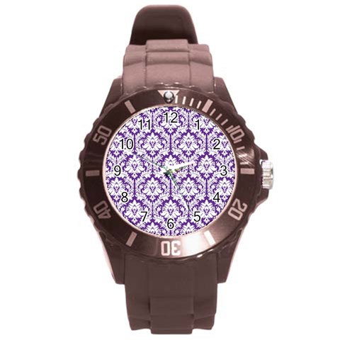 White on Purple Damask Plastic Sport Watch (Large) from ArtsNow.com Front