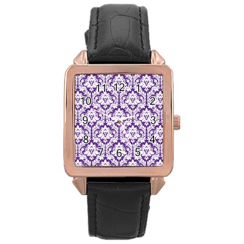 White on Purple Damask Rose Gold Leather Watch  from ArtsNow.com Front