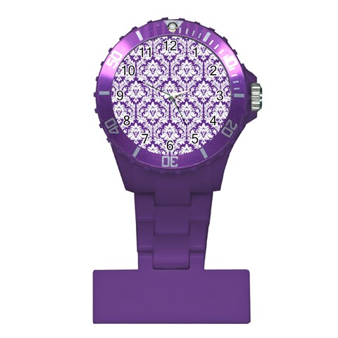 White on Purple Damask Nurses Watch from ArtsNow.com Front