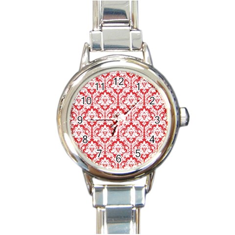 White On Red Damask Round Italian Charm Watch from ArtsNow.com Front