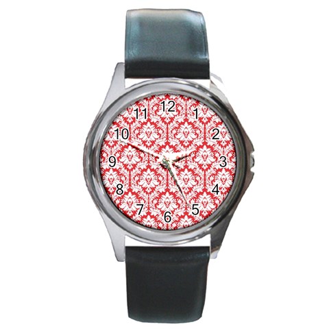 White On Red Damask Round Leather Watch (Silver Rim) from ArtsNow.com Front