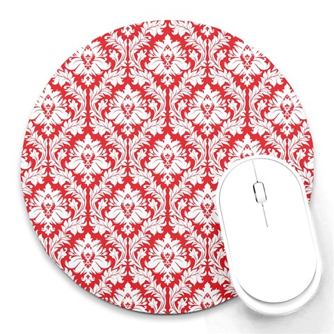 White On Red Damask 8  Mouse Pad (Round) from ArtsNow.com Front