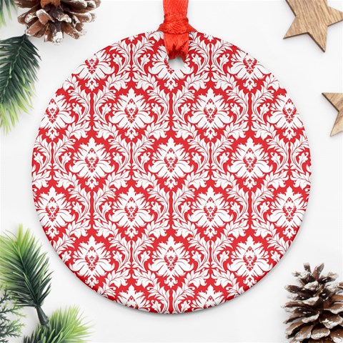 White On Red Damask Round Ornament from ArtsNow.com Front