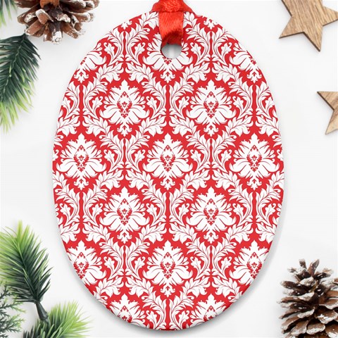 White On Red Damask Oval Ornament from ArtsNow.com Front