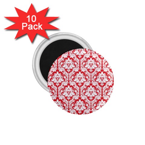 White On Red Damask 1.75  Button Magnet (10 pack) from ArtsNow.com Front