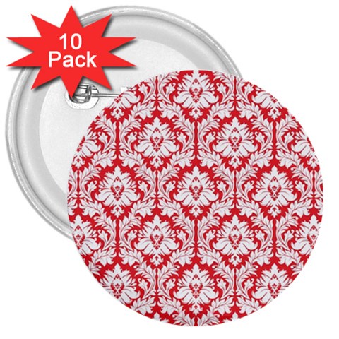 White On Red Damask 3  Button (10 pack) from ArtsNow.com Front