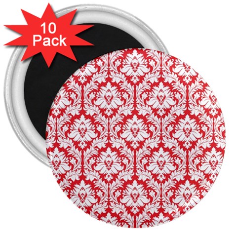 White On Red Damask 3  Button Magnet (10 pack) from ArtsNow.com Front