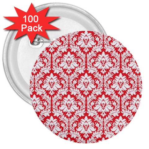 White On Red Damask 3  Button (100 pack) from ArtsNow.com Front