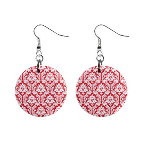 Poppy Red Damask Pattern 1  Button Earrings from ArtsNow.com Front