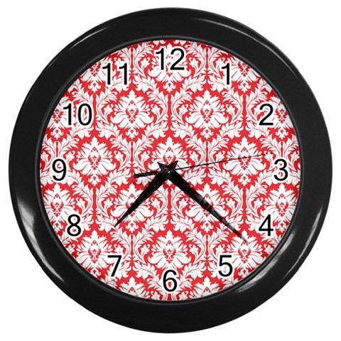 White On Red Damask Wall Clock (Black) from ArtsNow.com Front