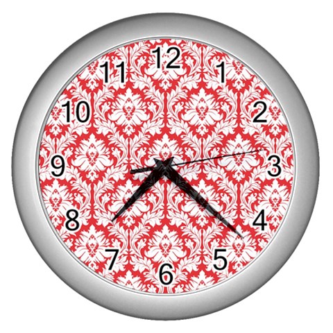 White On Red Damask Wall Clock (Silver) from ArtsNow.com Front